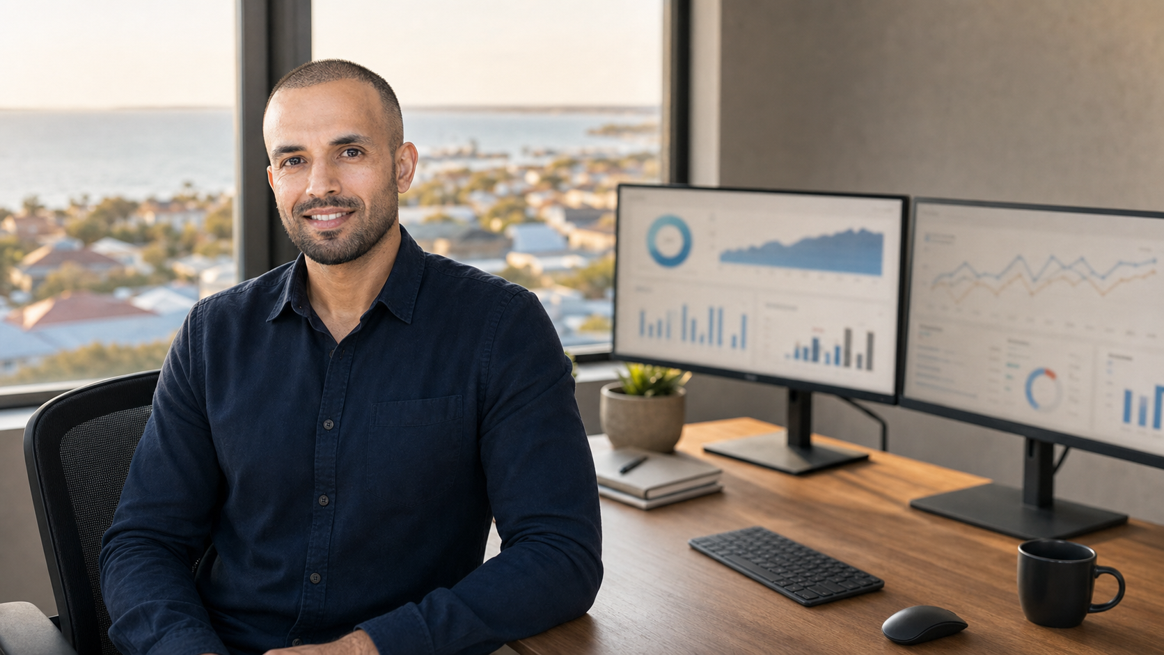 Vikas Thakur reviewing SEO analytics at his Rockingham desk