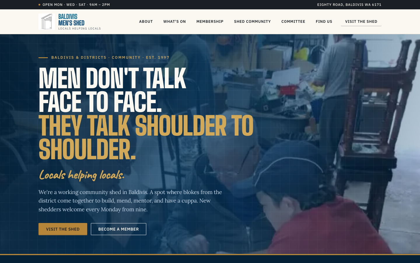 Baldivis Men's Shed website dark mode