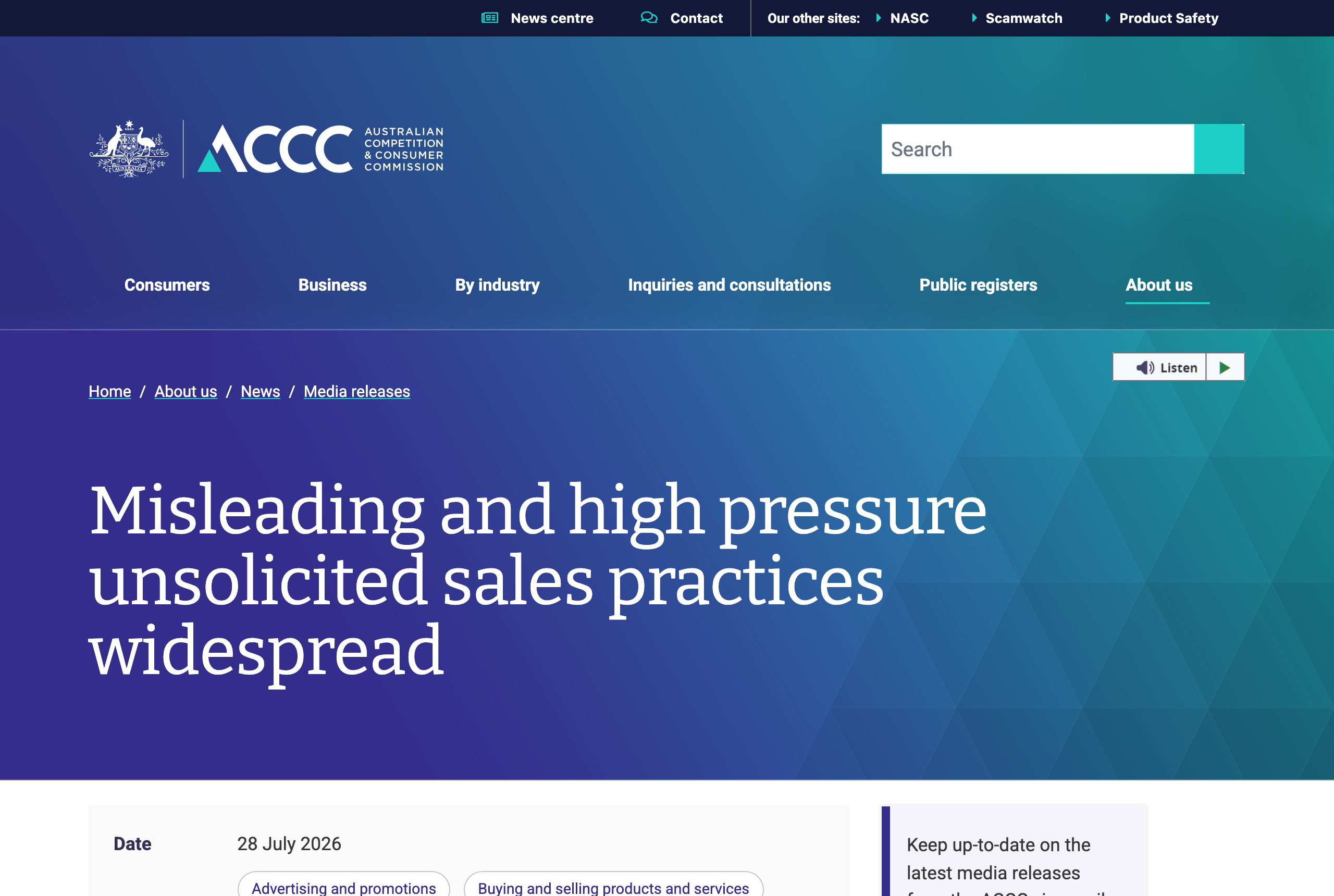 Screenshot of the ACCC media release titled Misleading and high pressure unsolicited sales practices widespread, published 28 July 2026 on accc.gov.au, reporting that only 54.1 percent of salespeople provided a written copy of the agreement to consumers