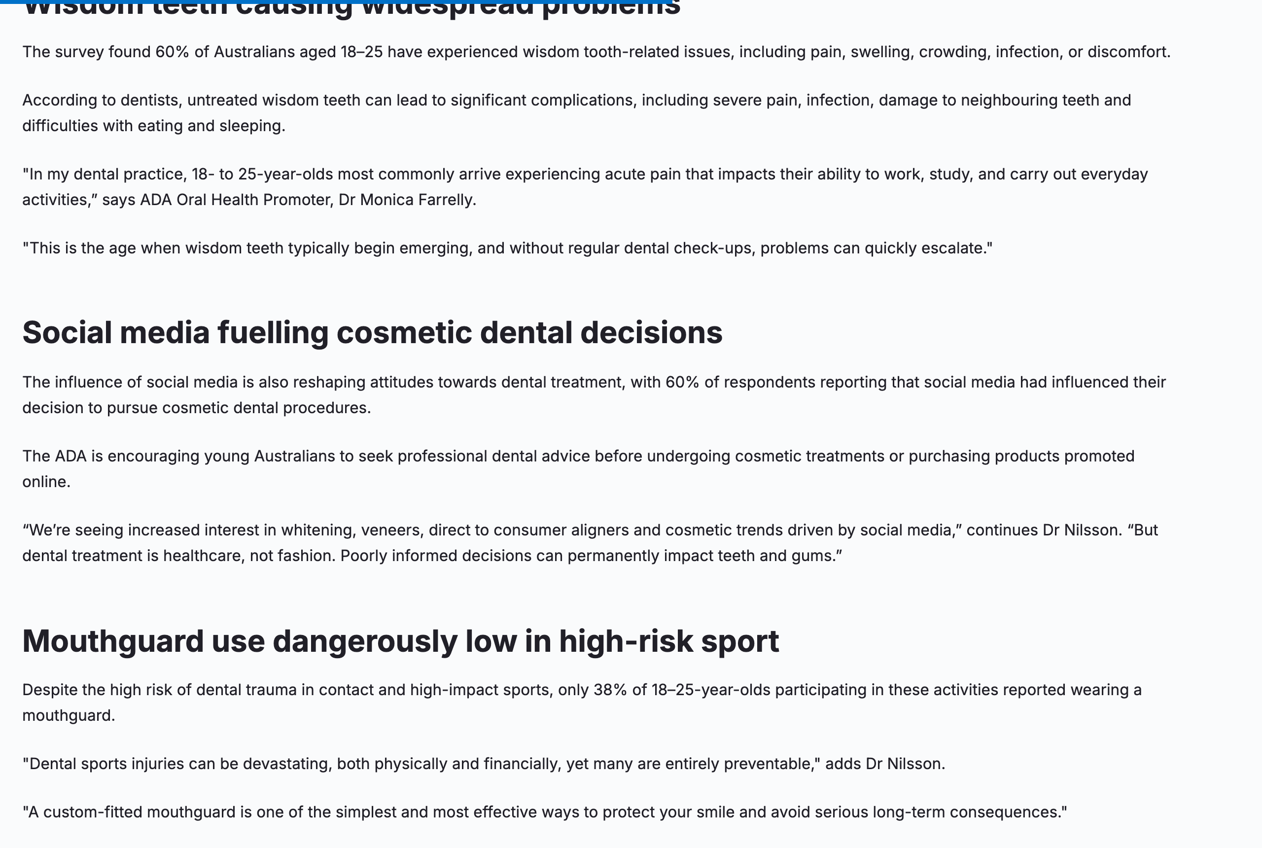 Australian Dental Association webpage headlined Young Australians at risk of falling through the cracks on dental health, published 31 July 2026, showing survey statistics including the finding that social media influenced decisions to pursue cosmetic dental procedures