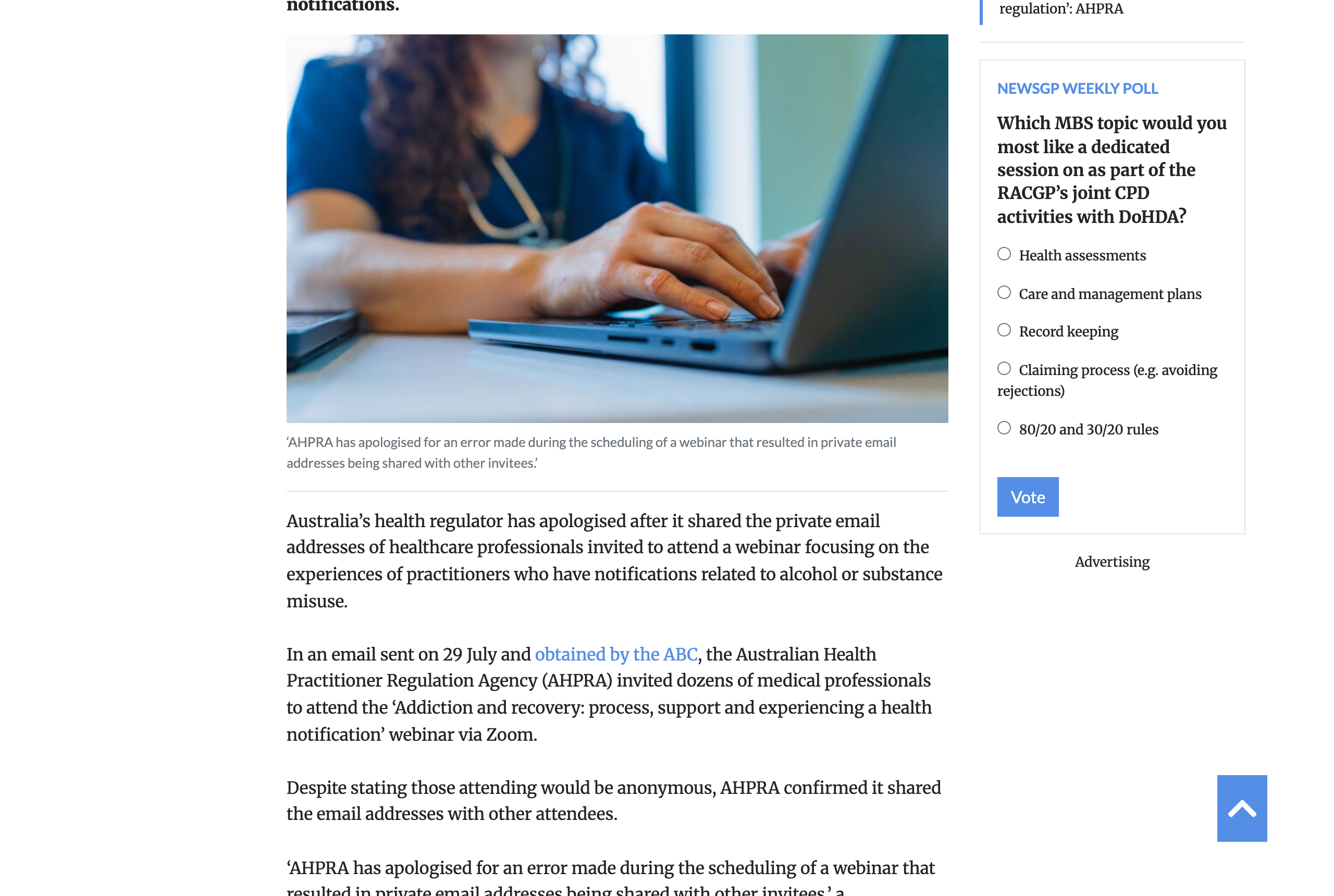 Screenshot of the RACGP newsGP article headlined Healthcare workers caught up in AHPRA privacy breach, dated 6 August 2026, reporting that AHPRA apologised after a webinar invitation exposed invitees' private email addresses to each other