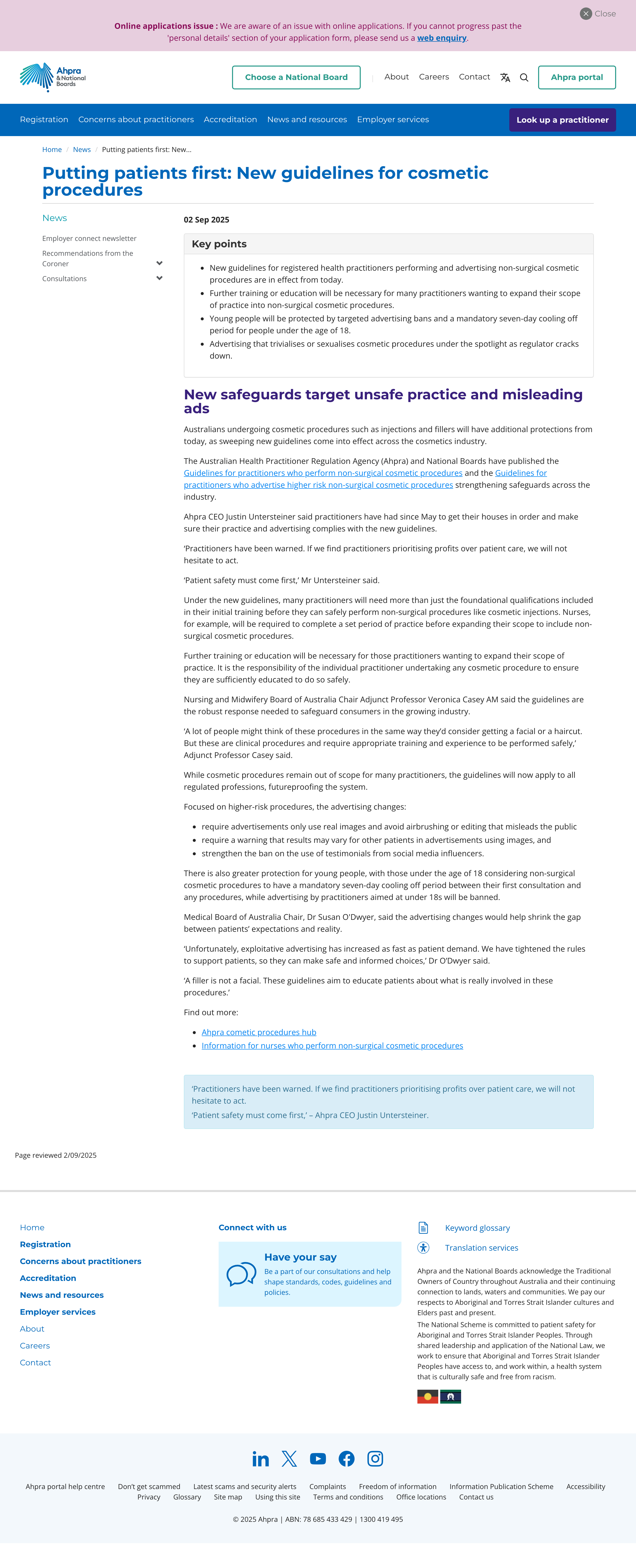 AHPRA news page dated 2 September 2025 announcing new guidelines for cosmetic procedures, showing the advertising change that strengthens the ban on the use of testimonials from social media influencers, captured 9 August 2026