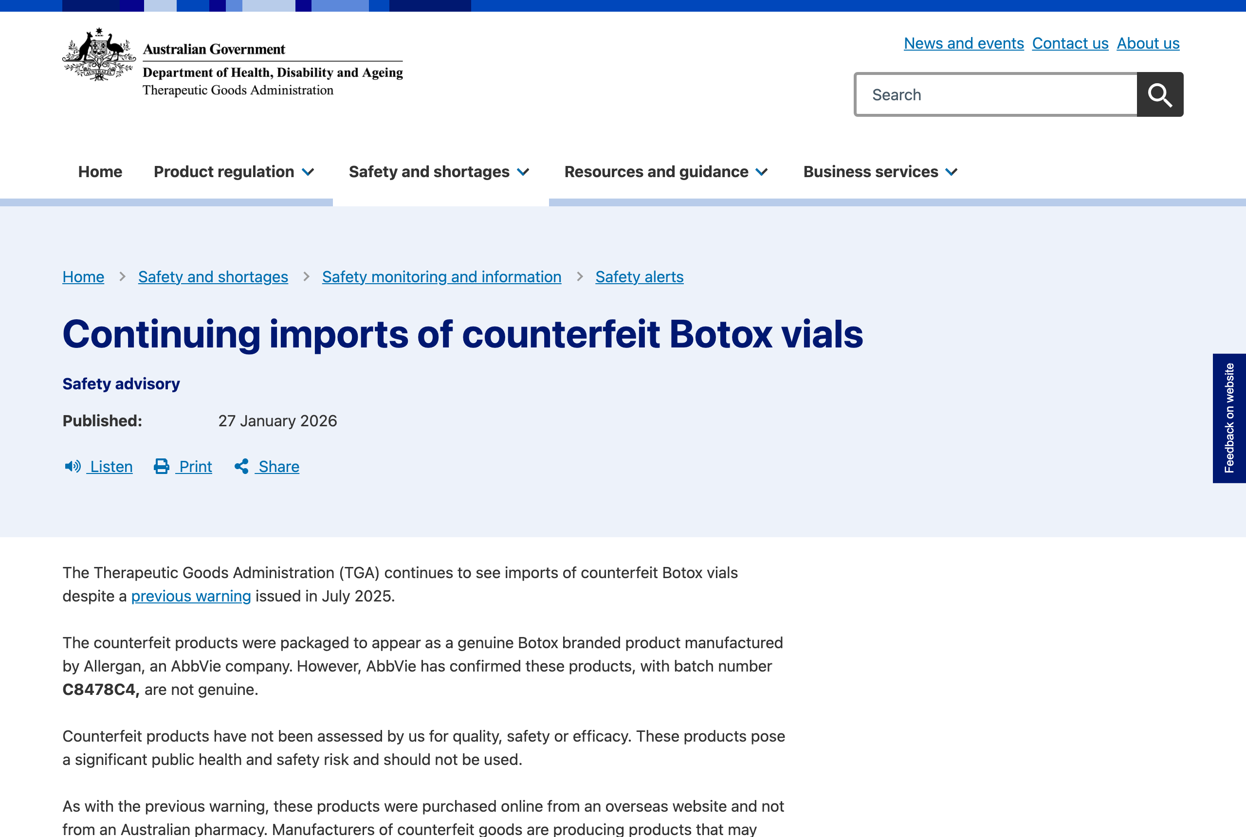 TGA safety alert page dated 27 January 2026, headlined Continuing imports of counterfeit Botox vials, confirming batch number C8478C4 as not genuine and referencing a previous warning issued in July 2025