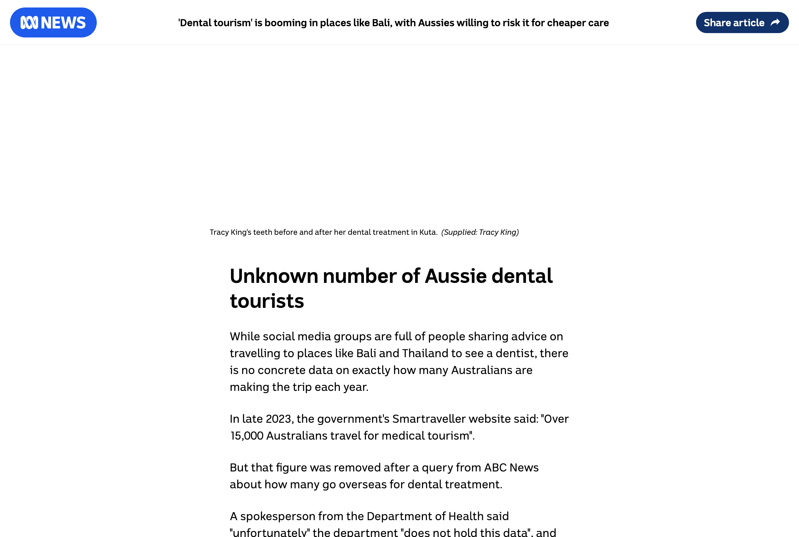 Screenshot of the ABC News article headed Unknown number of Aussie dental tourists, reporting that Smartraveller deleted its 15,000 medical tourism figure after being asked for dental-specific data