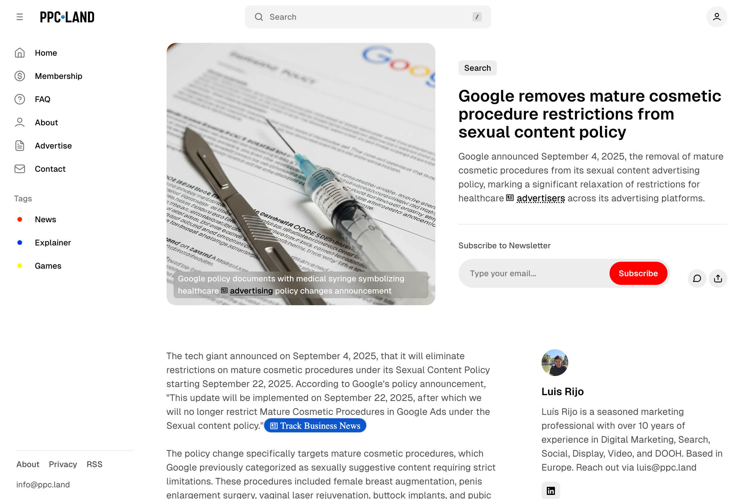 PPC Land article reporting that Google removed mature cosmetic procedure restrictions from its sexual content advertising policy effective September 22, 2025, quoting Google's own policy update text