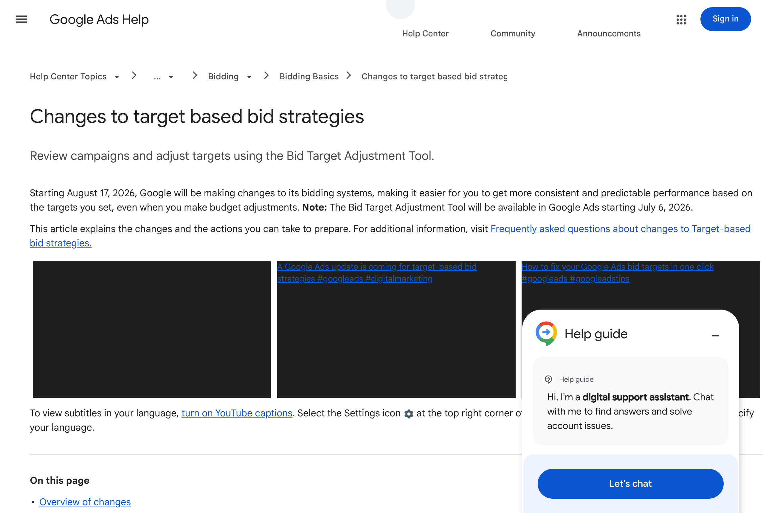 Screenshot of the Google Ads Help page titled Changes to target based bid strategies, captured 9 August 2026, stating the update starts 17 August 2026 and noting the Bid Target Adjustment Tool became available 6 July 2026