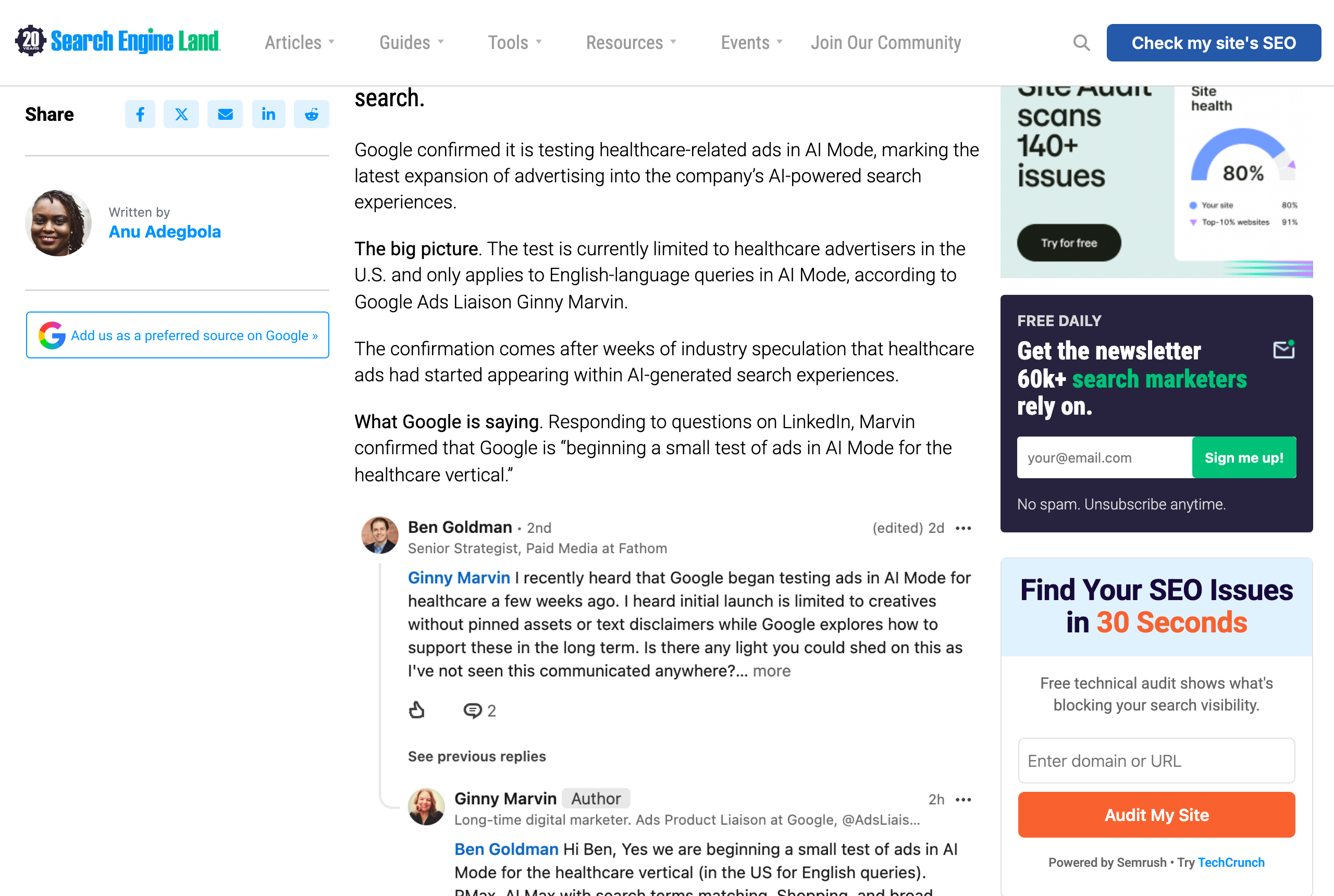 Search Engine Land article confirming Google is testing ads in AI Mode for the healthcare vertical, quoting Google Ads Product Liaison Ginny Marvin