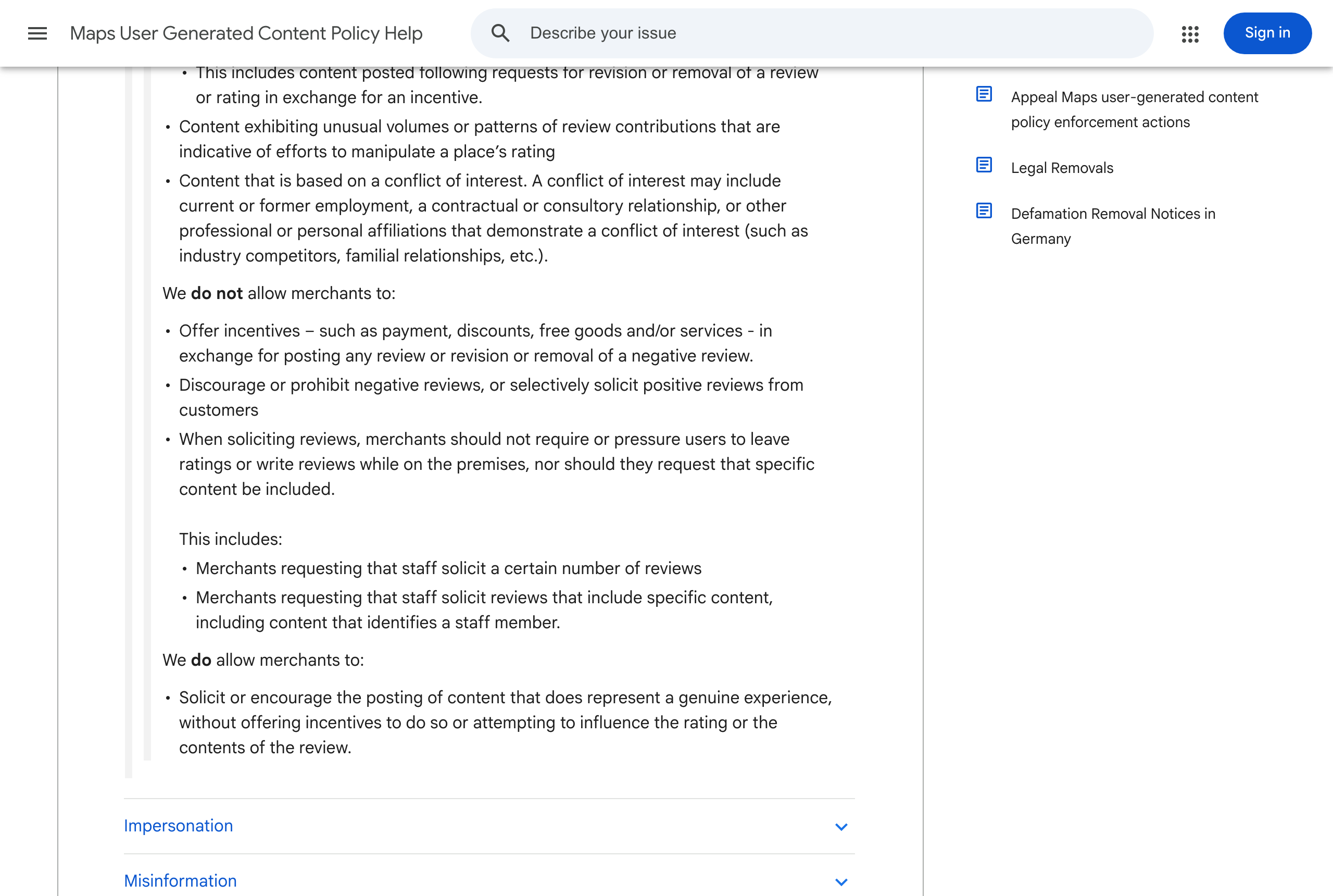 Google's Maps User Generated Content Policy page showing the Rating Manipulation section, including the ban on merchants directing staff to solicit a set number of reviews or reviews naming a staff member, and the existing ban on pressuring patients to review while on the premises