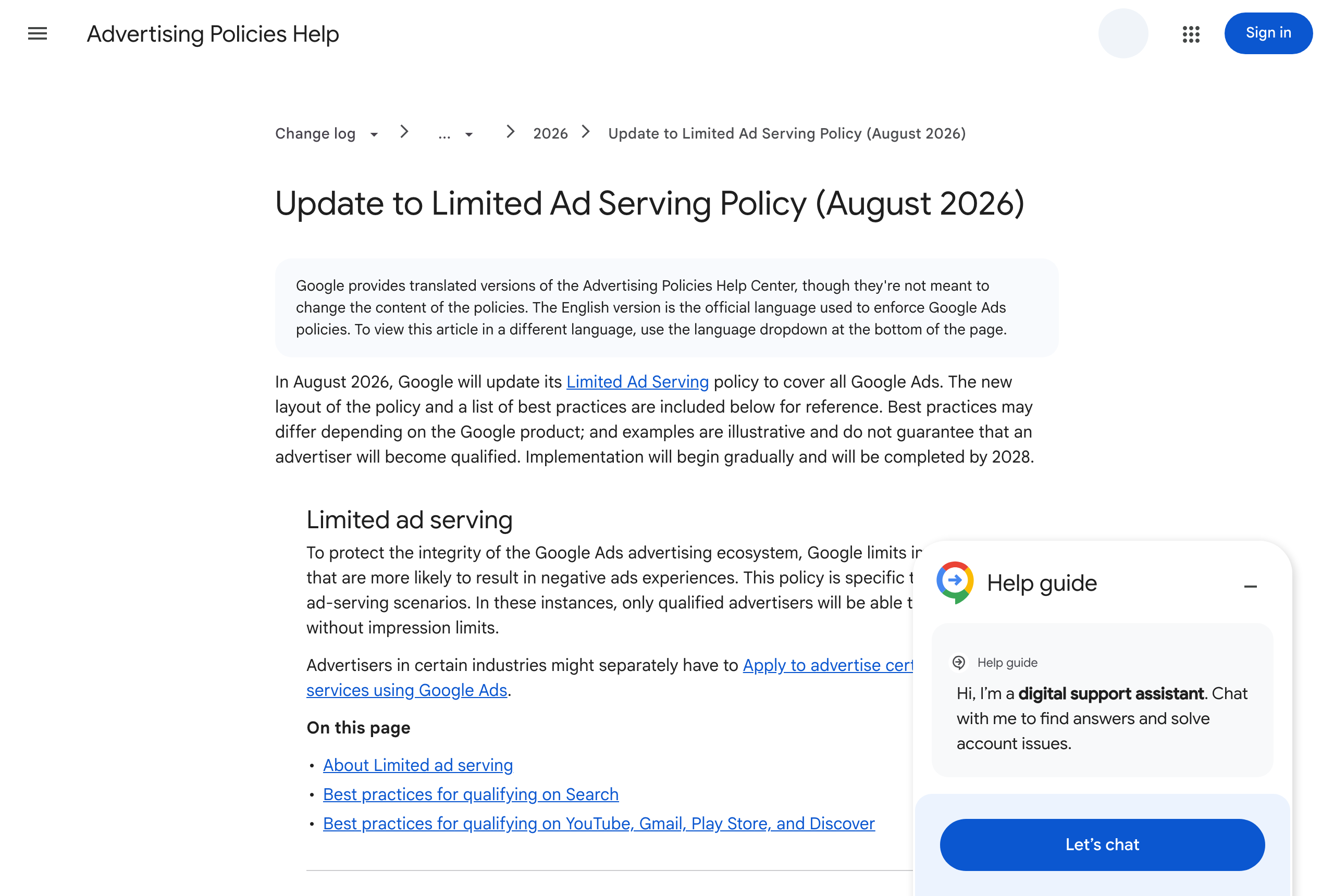 Google Advertising Policies Help page titled Update to Limited Ad Serving Policy August 2026, showing the August 5 2026 statement that the policy now covers all Google Ads and that implementation will begin gradually and be completed by 2028