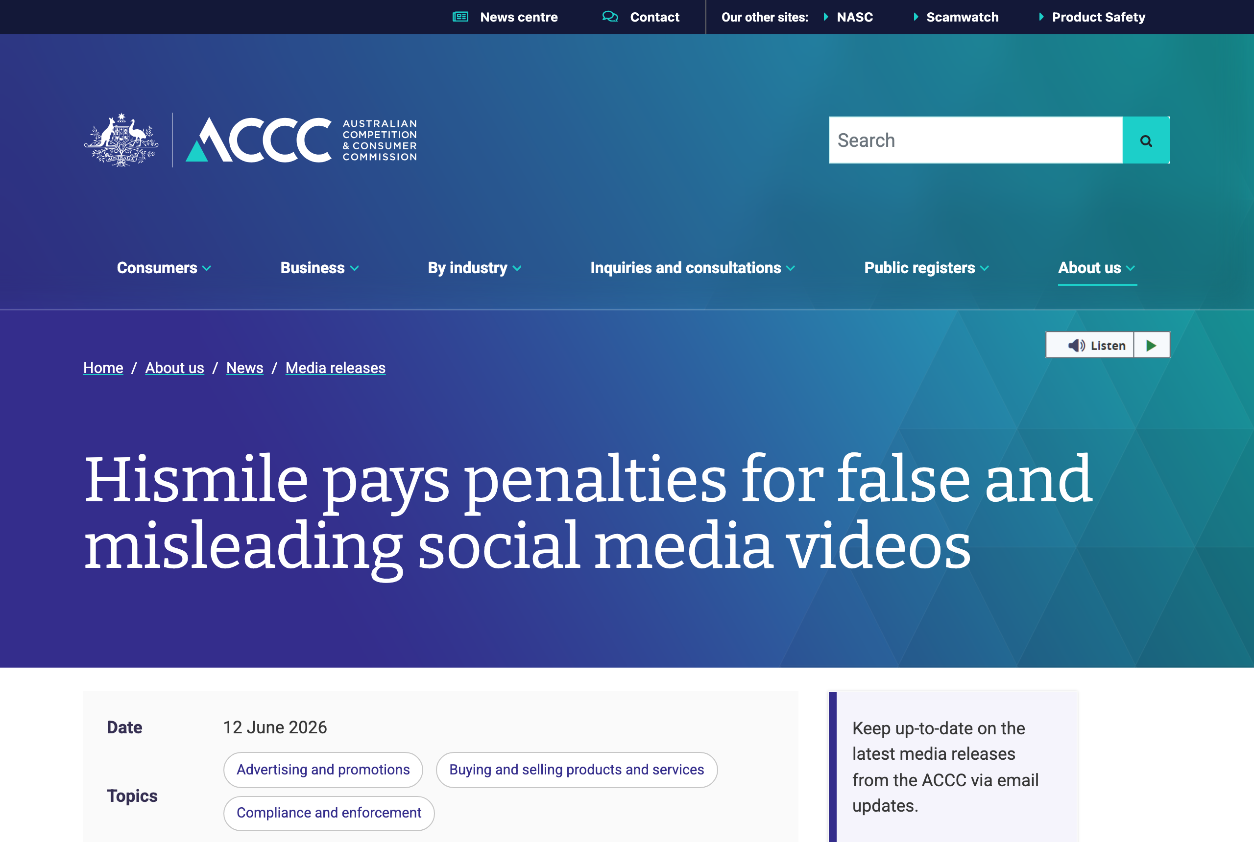 Screenshot of the ACCC media release titled Hismile pays penalties for false and misleading social media videos, published 12 June 2026, confirming the $138,600 penalty across seven infringement notices