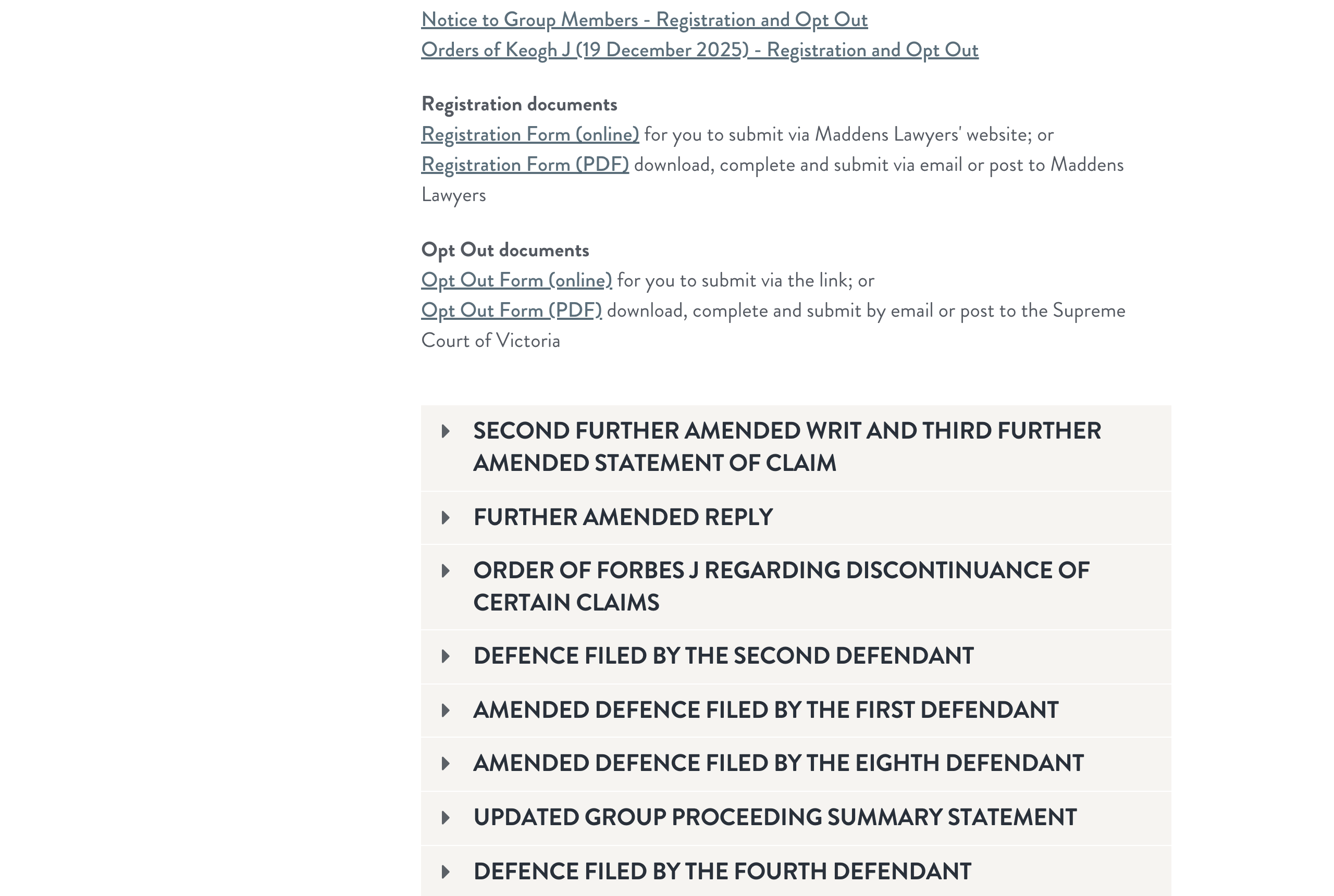 Screenshot of the Supreme Court of Victoria's Dr Lanzer Group Proceeding page, showing the case citation Lombardo v Dermatology and Cosmetic Surgery Services Pty Ltd and Ors, the list of seven doctors and eight clinic locations, and the filed documents register including the Second Further Amended Writ and Third Further Amended Statement of Claim dated 16 July 2026, captured 9 August 2026