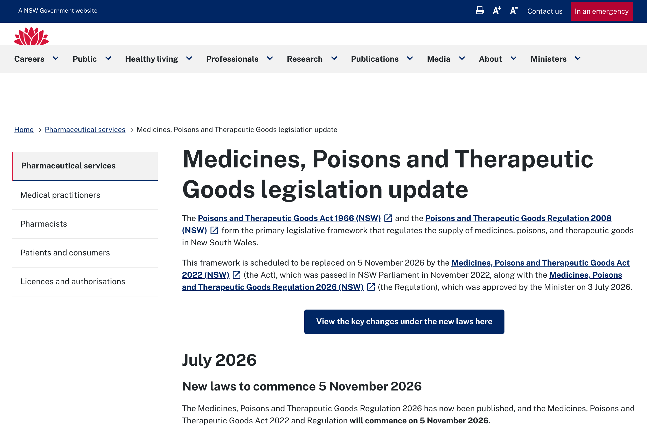 NSW Health Pharmaceutical Services web page titled Medicines, Poisons and Therapeutic Goods legislation update, showing the confirmed 5 November 2026 commencement date and marked current as at Friday 3 July 2026