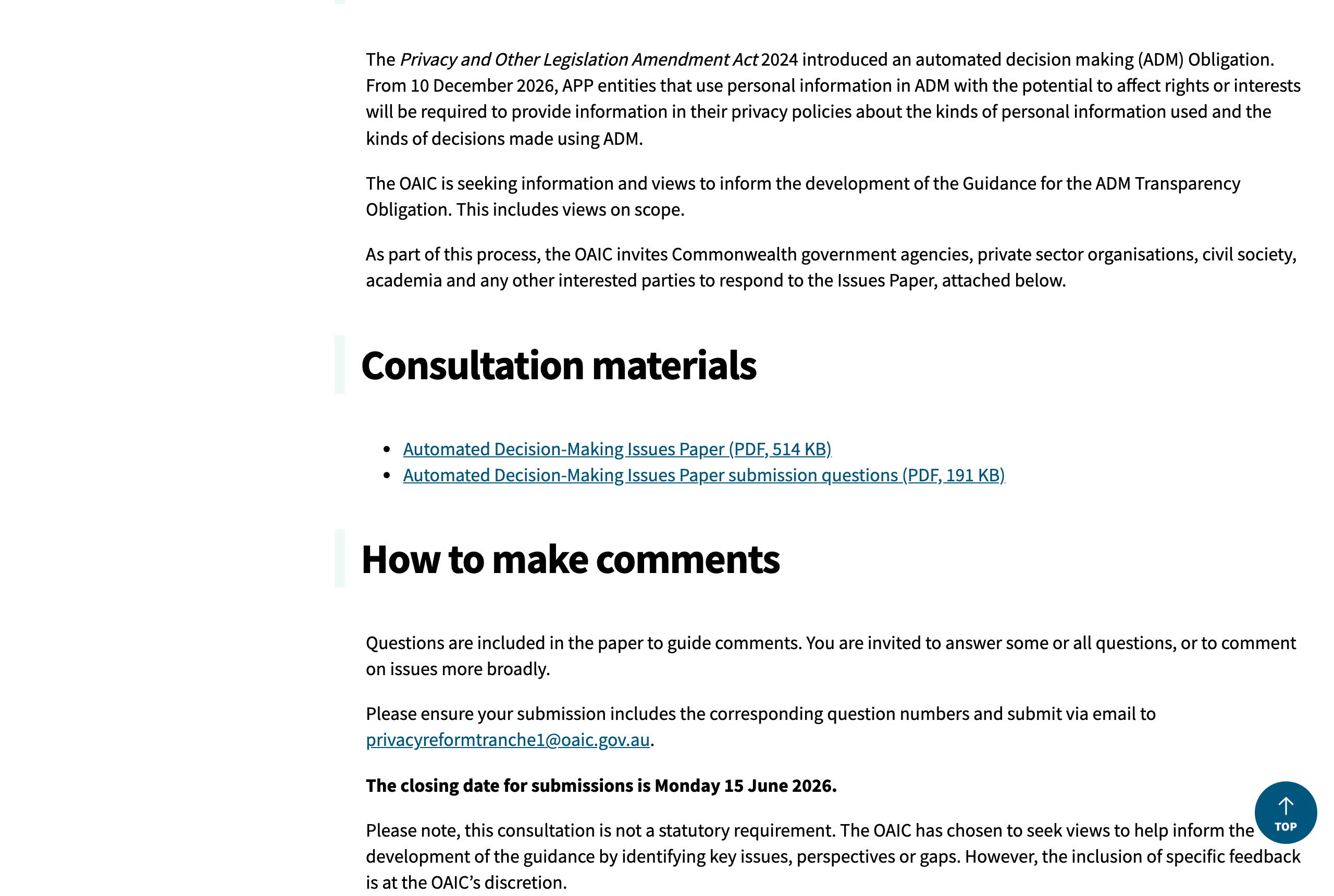 OAIC consultation page for the Automated Decision-Making Transparency Obligation issues paper, showing the 18 May 2026 publish date and the 10 December 2026 commencement date for the new privacy policy disclosure requirement