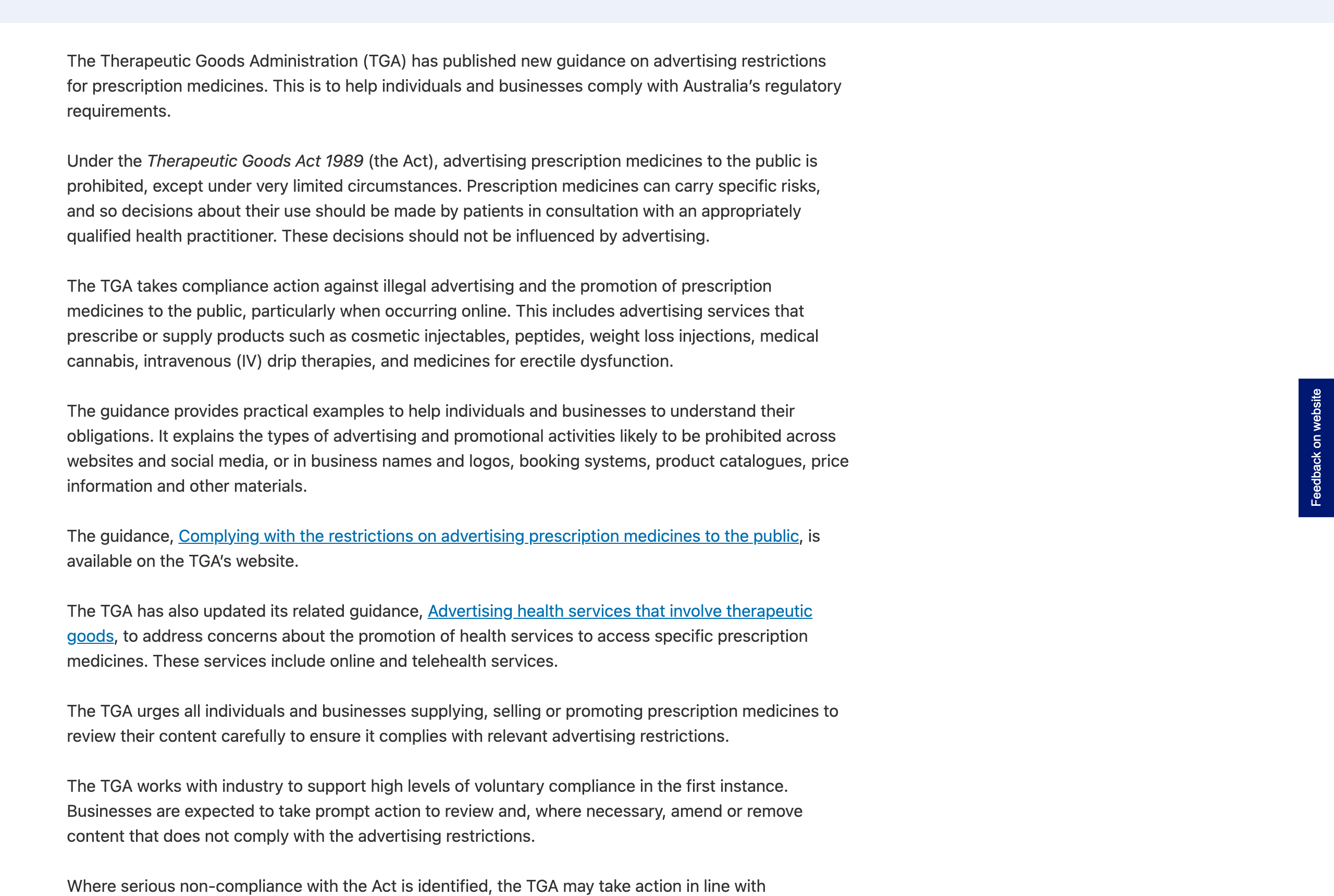 TGA media release page confirming the 18 June 2026 guidance naming booking systems and price information as advertising surfaces