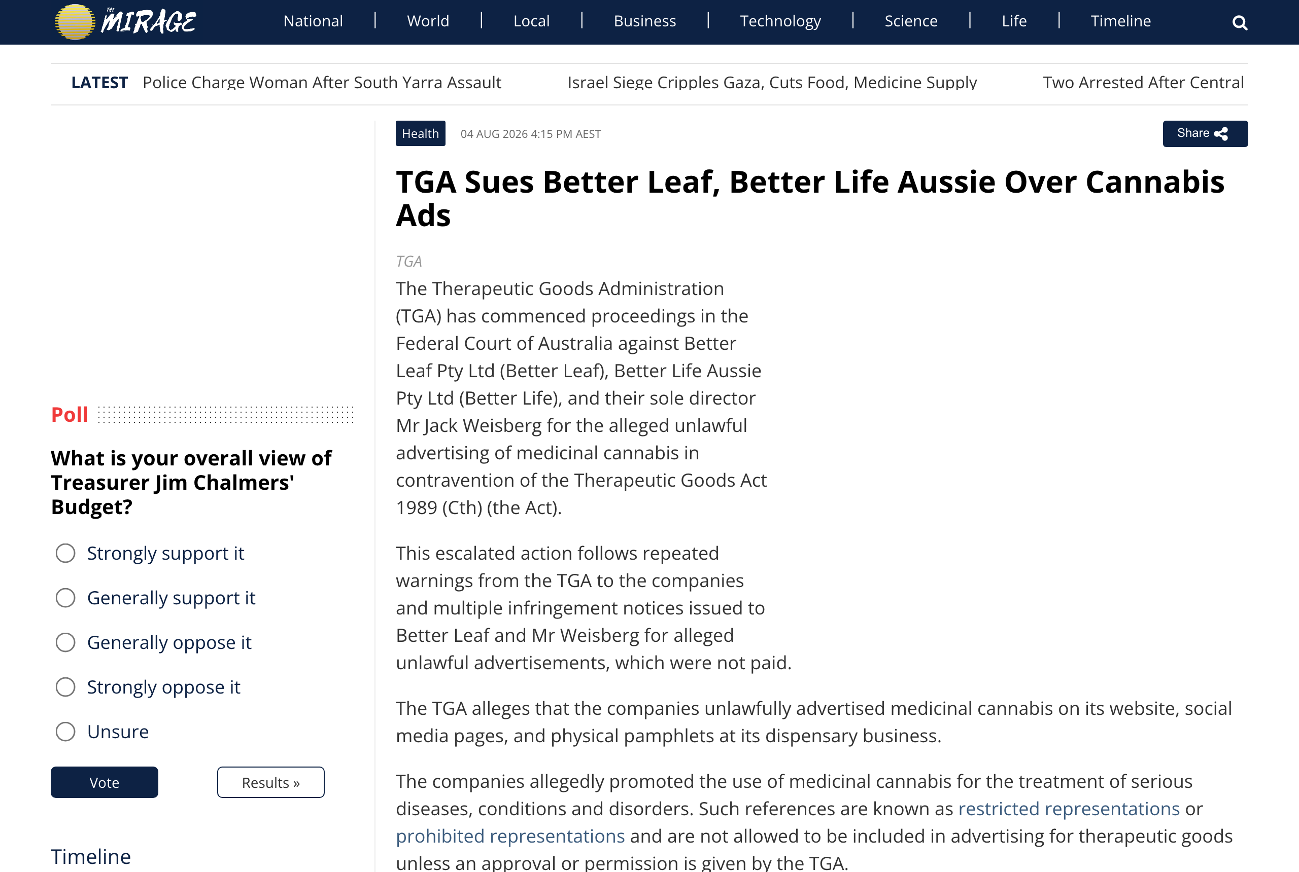 Mirage News wire republication of the TGA's press release dated 4 August 2026, headlined TGA Sues Better Leaf, Better Life Aussie Over Cannabis Ads, showing the paragraph naming Better Leaf Pty Ltd, Better Life Aussie Pty Ltd and director Jack Weisberg