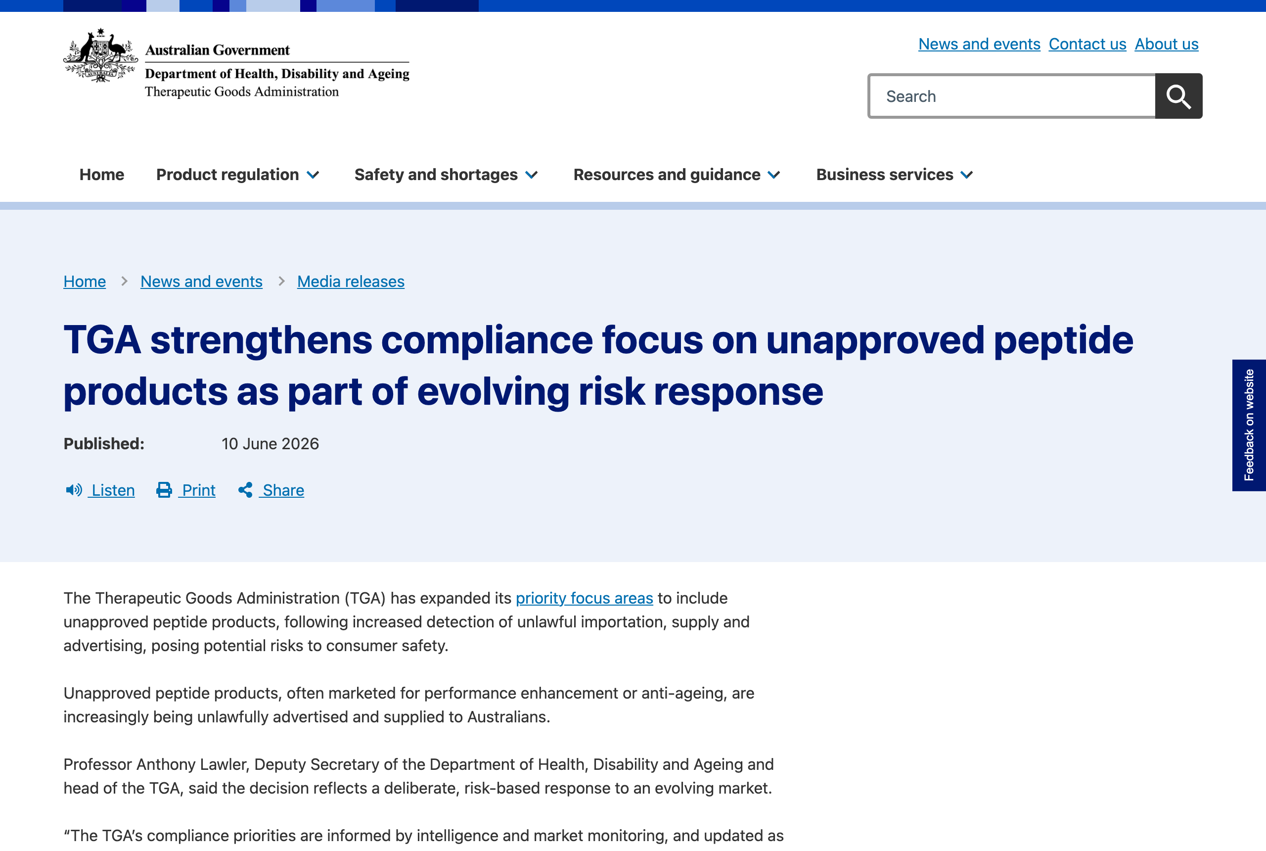 TGA media release page dated 10 June 2026 confirming the regulator expanded its priority focus areas to include unapproved peptide products, tagged under Cosmetics and Advertising