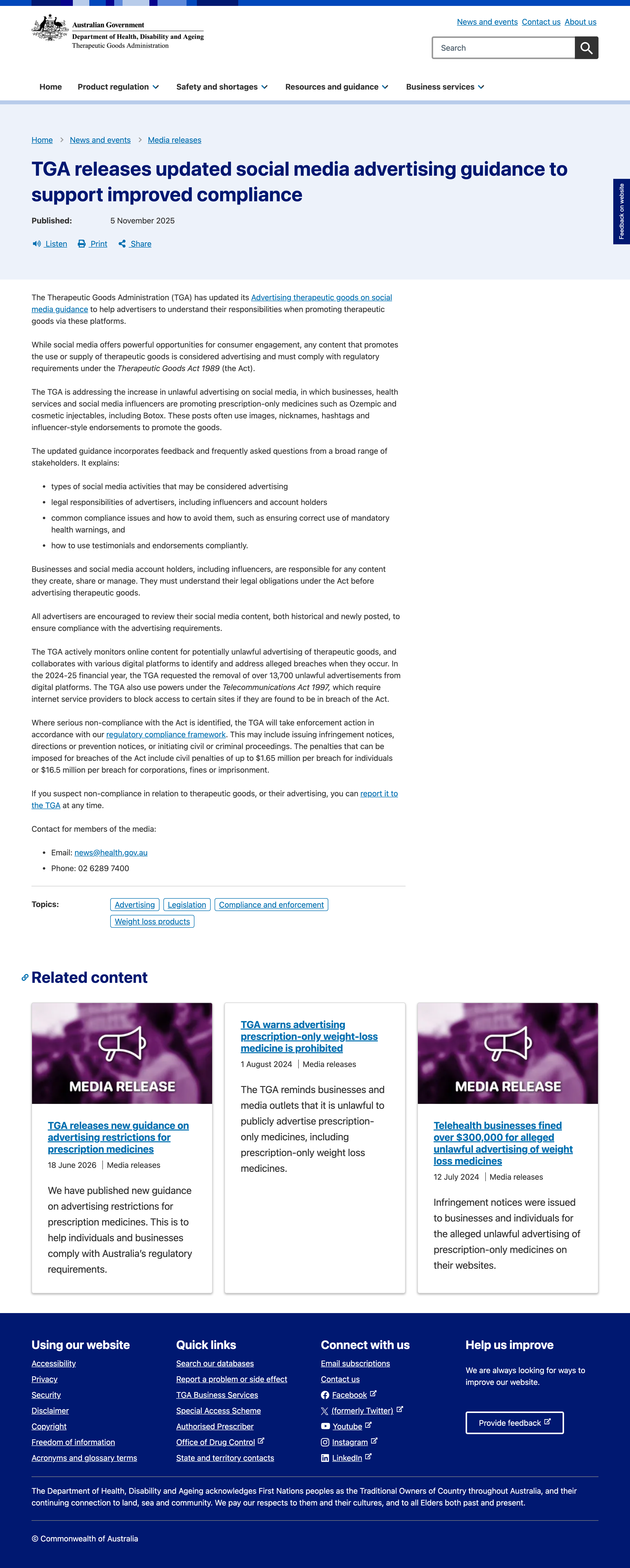 TGA media release dated 5 November 2025 announcing updated social media advertising guidance to support improved compliance