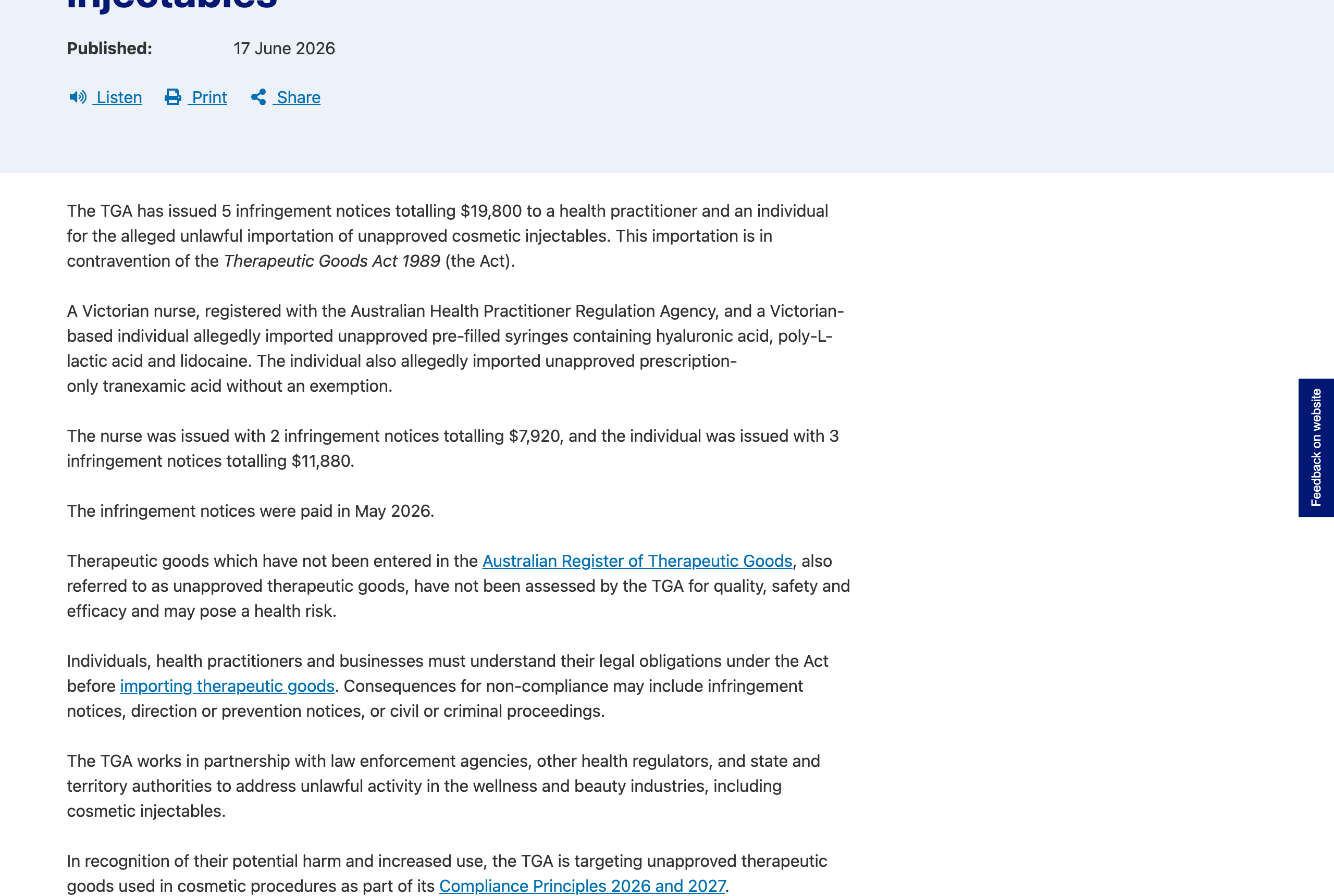 Screenshot of the TGA media release confirming the nurse's 2 infringement notices totalling $7,920 and the individual's 3 notices totalling $11,880, published 17 June 2026