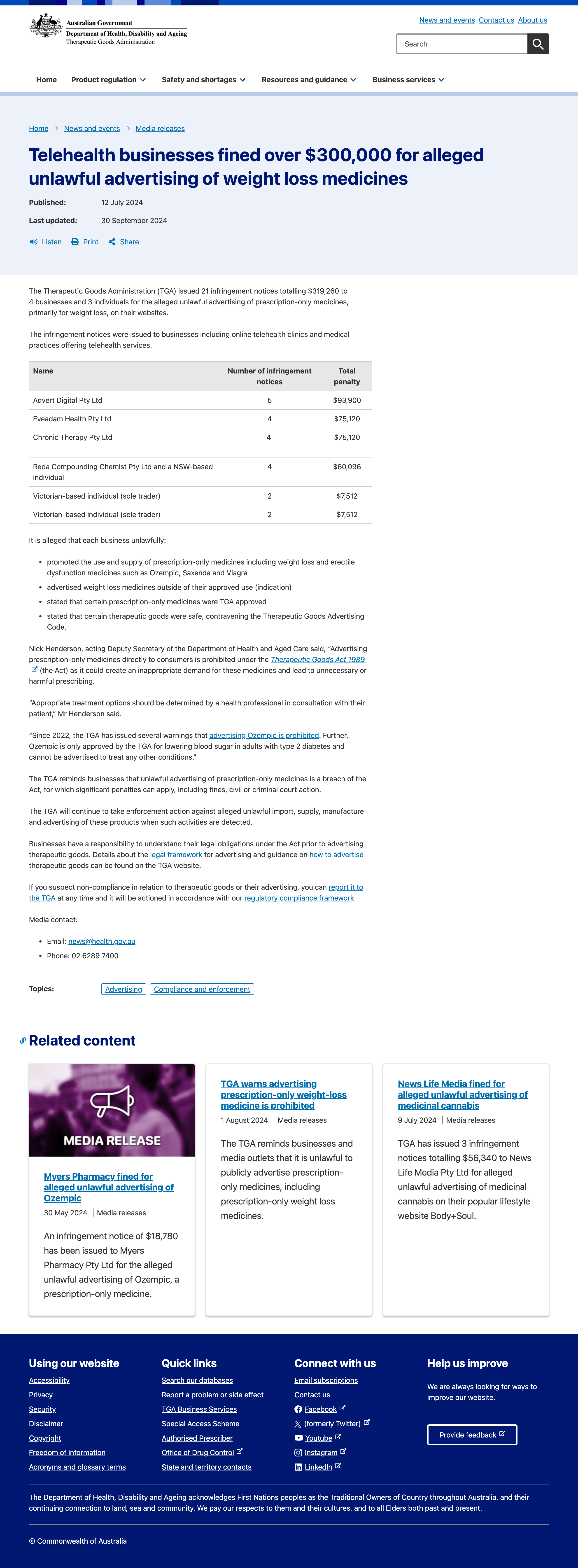 TGA media release confirming 21 infringement notices totalling $319,260 issued to 4 telehealth businesses and 3 individuals for unlawful advertising of prescription-only weight-loss medicines