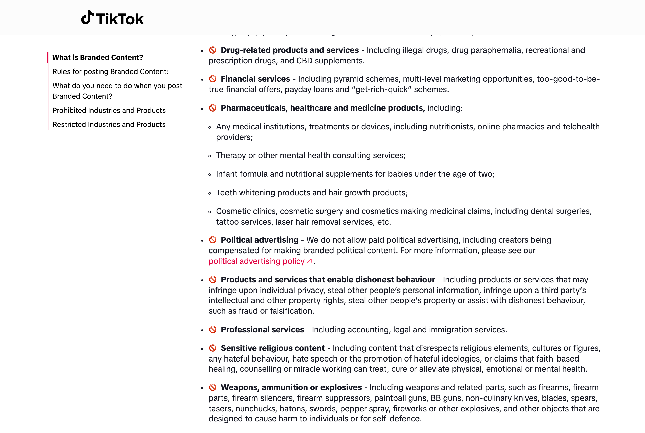TikTok's Branded Content Policy page listing prohibited industries and products, showing cosmetic clinics, cosmetic surgery, dental surgeries, tattoo services, laser hair removal services, teeth whitening products and hair growth products all marked as banned, captured 9 August 2026