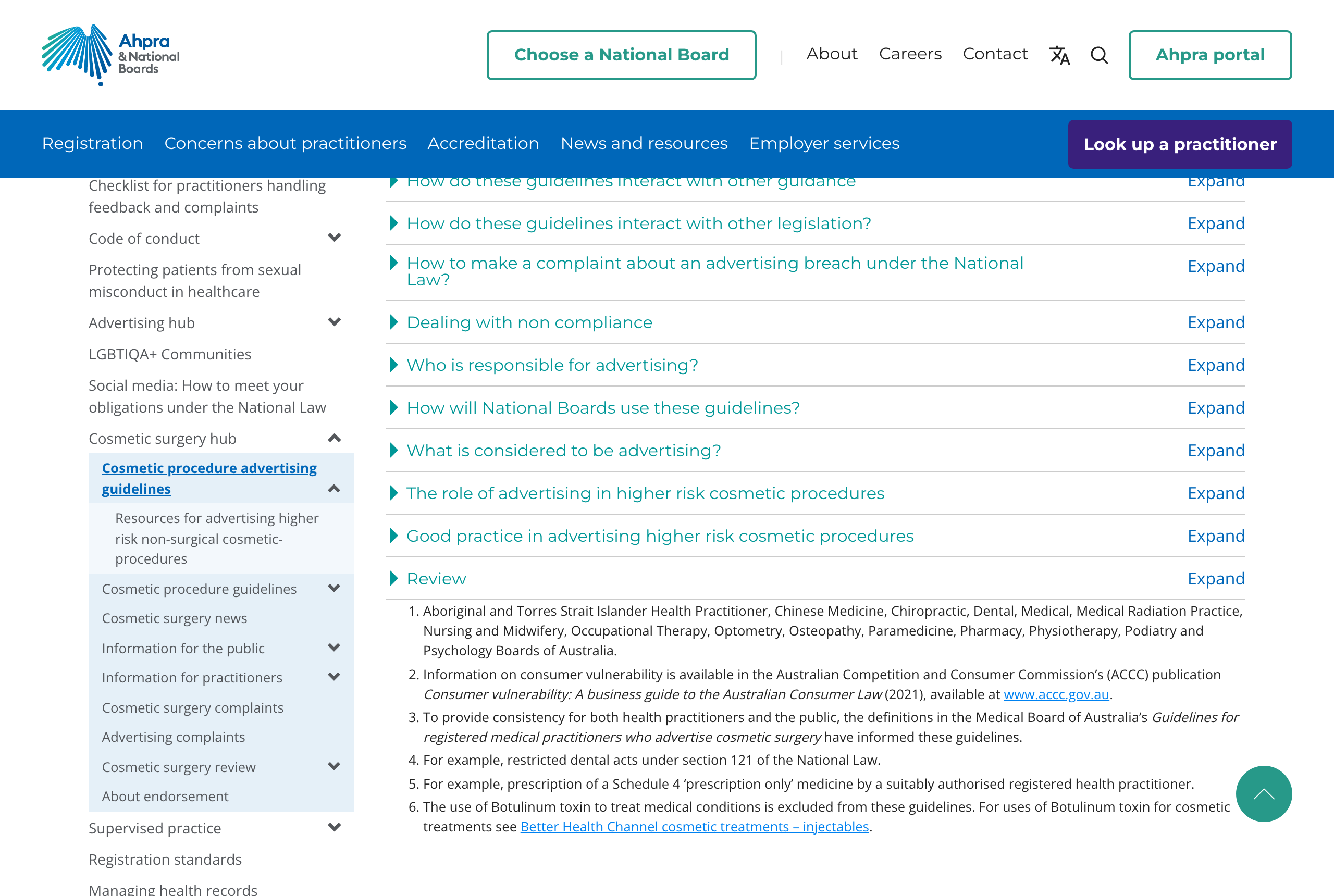 AHPRA cosmetic surgery hub page showing the Cosmetic procedure advertising guidelines section, captured 15 August 2026, with FAQ items on advertising responsibility and higher-risk procedure requirements